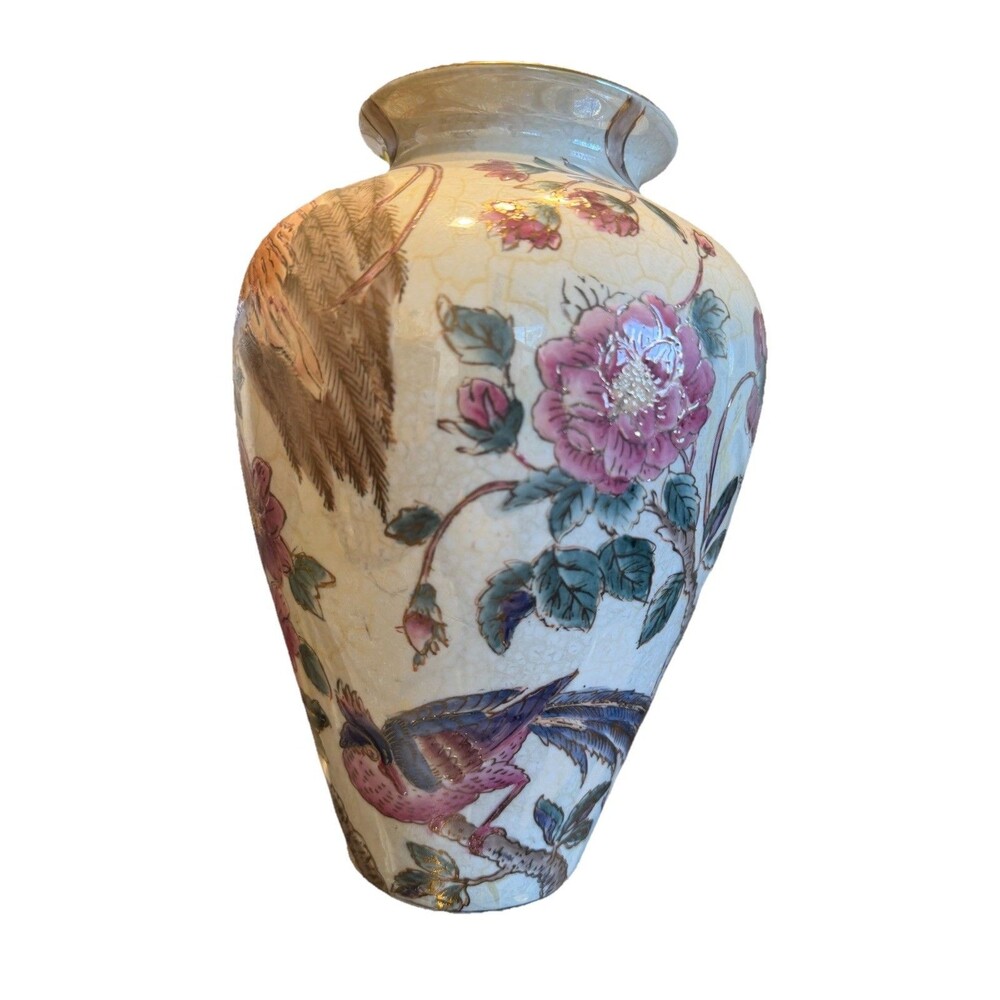 Vintage Country Fair Floral Bird Vase Ceramic Farmhouse Decor Large - Picture 4 of 7
